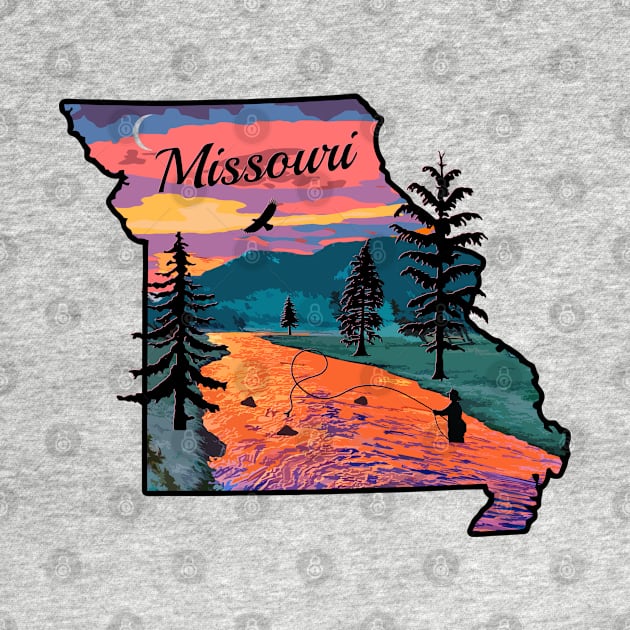 Fly Fishing Missouri State Map Mountain Sunset River Retro by TeeCreations